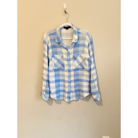 Sanctuary Women Blue White Soft Long Sleeve Plaid Tomboy Shirt Top Medium 1842 - Picture 3 of 10